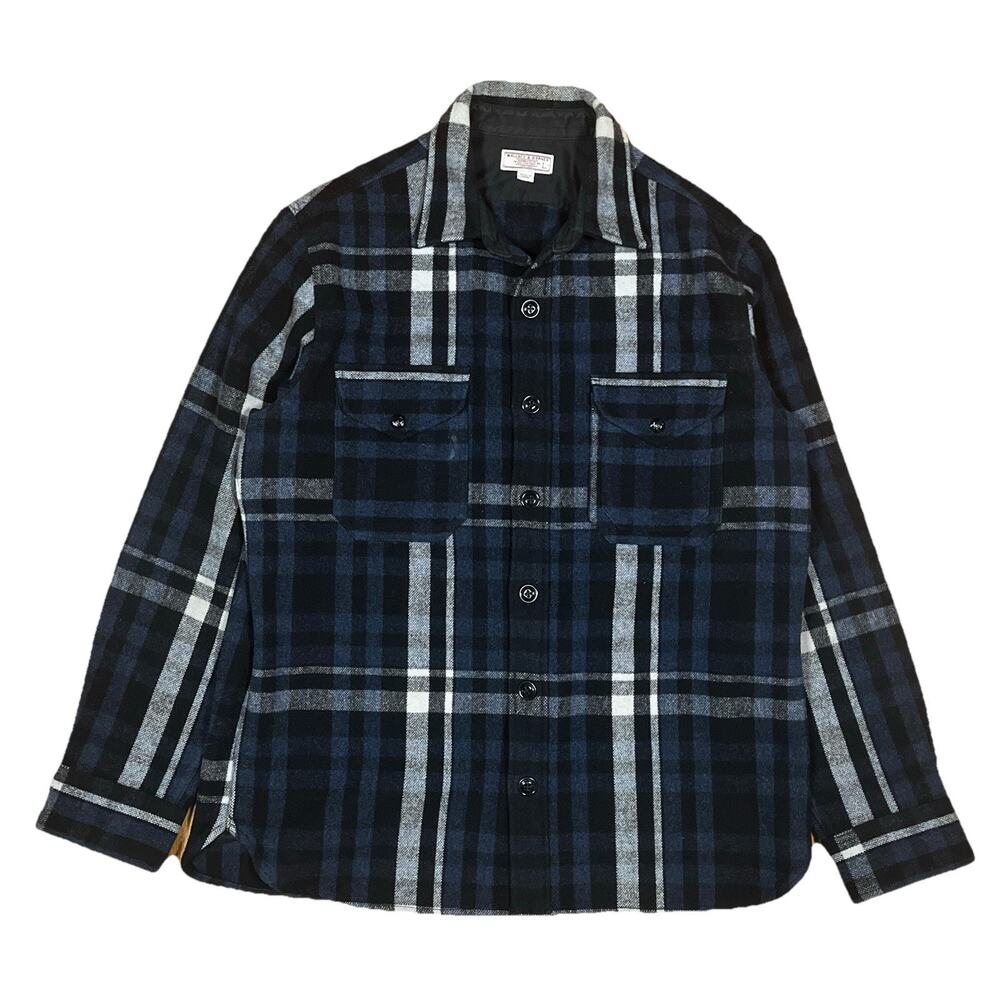 Wallace & Barnes Wool CPO Flannel Shacket Mens Large Navy Blue Heavyweight Plaid
